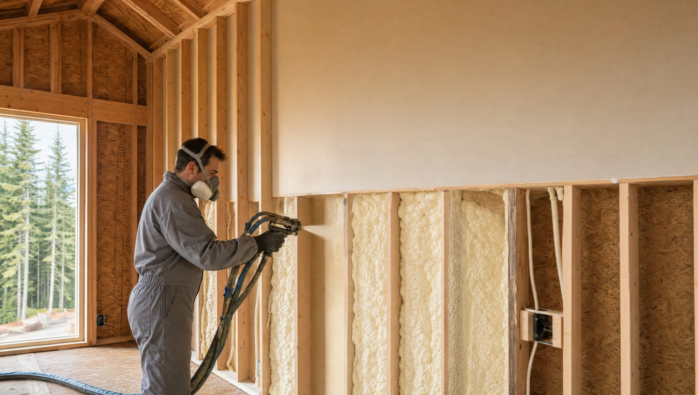 High Country Insulation installer spraying foam into a new-build wall cavity