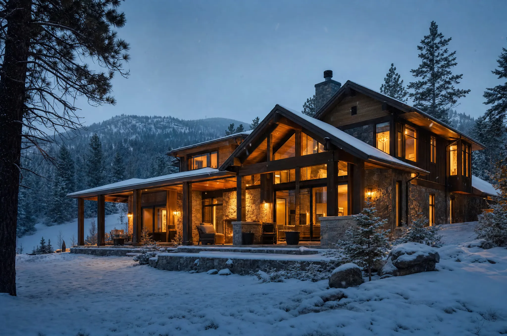A warm, well-insulated Okanagan home glowing at dusk in light snow
