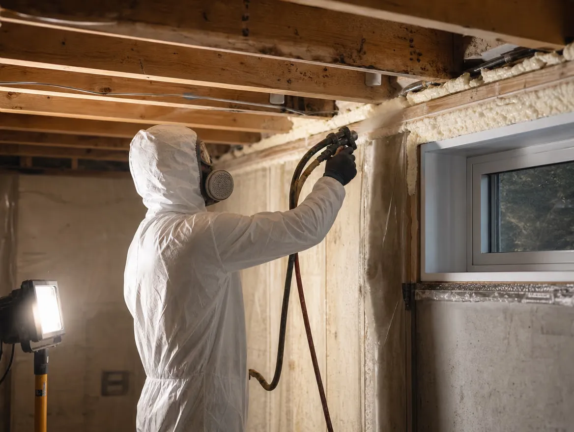Worker air-sealing a basement with spray foam