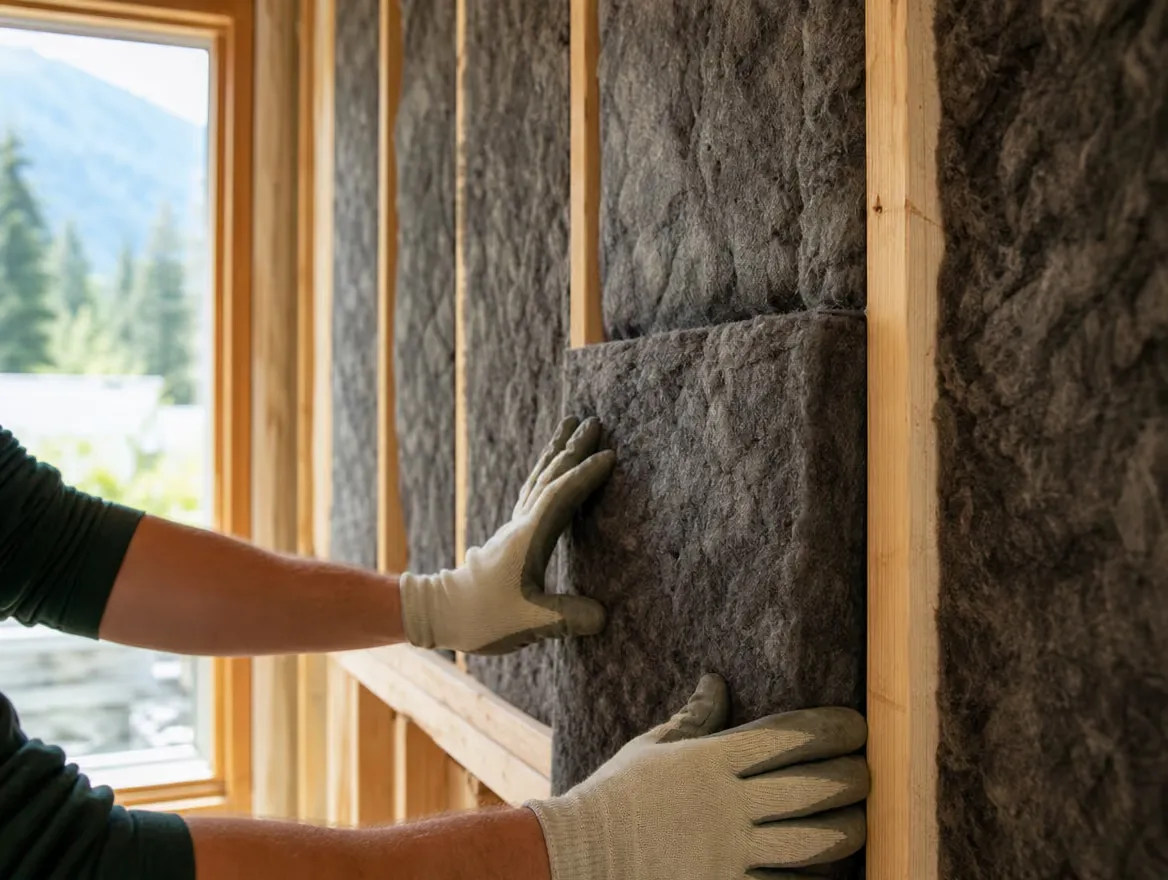 Mineral wool soundproofing batts in a stud wall