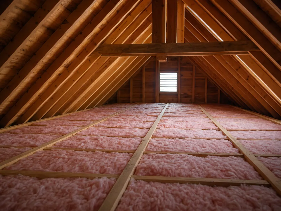 Fibreglass batt insulation installed between attic rafters