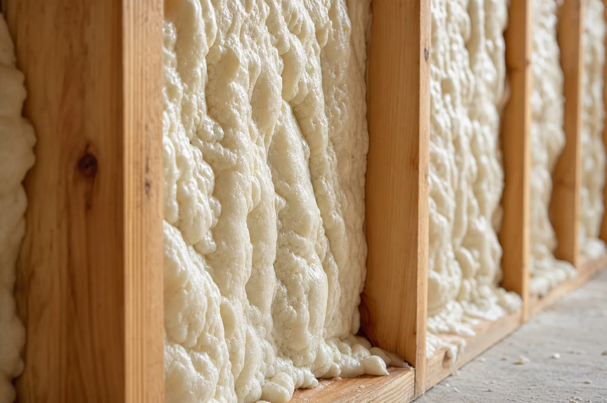 Close-up of cream-coloured spray foam expanding between wood wall studs